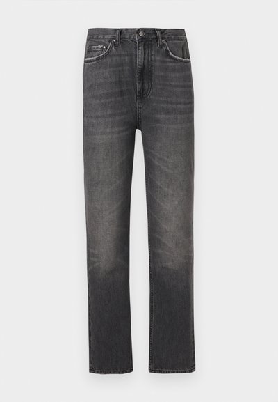 Black faded straight-leg jeans with front button and zipper, five-pocket design, and subtle whiskering details.