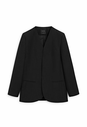 Sort skræddersyet blazer med lange ærmer, åben front og to horisontale slidspær, lagt fladt på en hvid baggrund.