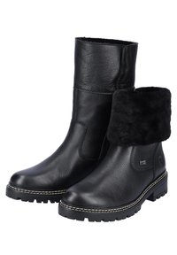 Bottines en cuir noir avec un revers en fausse fourrure, surface texturée, semelle en caoutchouc et détails de couture blanche contrastante.