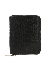 Portafoglio in pelle nera con texture di coccodrillo, forma quadrata, chiusura con zip sui bordi e nome del marchio impresso sul davanti.