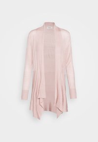 Ljusrosa kofta i mjukt stickat material med öppen front, långa ärmar och en flödande silhuett med ribbdetaljer vid ärmsluten.