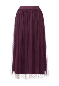 Gonna midi in tulle viola con vita elastica arricciata, caratterizzata da un motivo a pois e una sovrapposizione trasparente per un tocco di texture in più.