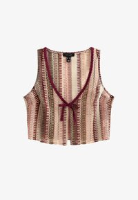 Top corto sin mangas en tela texturizada multicolor que presenta un escote en V profundo, cierre con lazo y rayas onduladas alternas en rosa, marrón y crema.