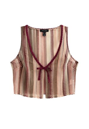 Mouwloos cropped top in meerkleurige textuurstof met diepe V-hals, striksluiting en afwisselend golvende strepen in roze, bruin en crème.