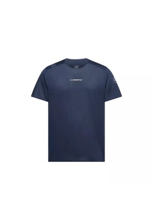 Camiseta deportiva de manga corta azul marino con el logo "LA SPORTIVA" centrado en el pecho y un pequeño emblema en la manga izquierda.