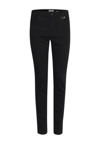 Blugi negri skinny cu o textură netedă, design cu cinci buzunare, închidere frontală cu un singur nasture și un accent metalic subtil pe talie.