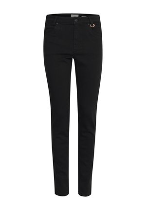 Musta kapea farkkupari, jossa on sileä pinta, viiden taskun muotoilu, yksittäinen etunappikiinnitys ja hienovarainen metallinen korostus vyötäröllä.