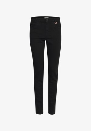 Black skinny jeans with a smooth texture, five-pocket design, single front button closure, and a subtle metallic accent on the waistband.