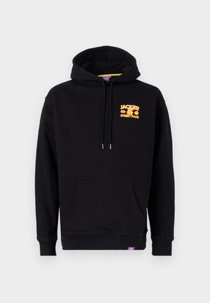Black hoodie made of cotton, featuring a front pocket, drawstring hood, and a colorful "JACKER STREET FOOD" graphic on the chest.