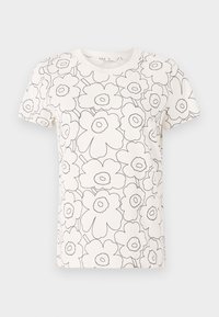 Hvit T-skjorte med svart blomsterkontur mønster, korte ermer, rund hals, myk stoff, rett passform, minimalistisk design.