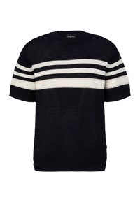 Marineblauer kurzer Strickpullover mit weiß und cremefarbenen horizontalen Streifen. Rundhalsausschnitt und gerippter Saum. Strukturierter Stoff.