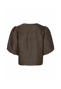 Brun tekstureret bluse med pufærmer, prydet med et bølget mønster og en afslappet pasform. Glat stof fremhæver designets dimensionale kvalitet.