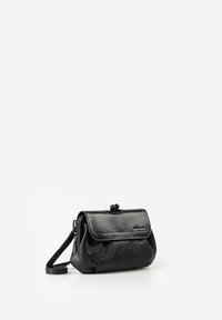 Black leather clutch bag with top clasp closure and detachable wrist strap, set against a plain white background.