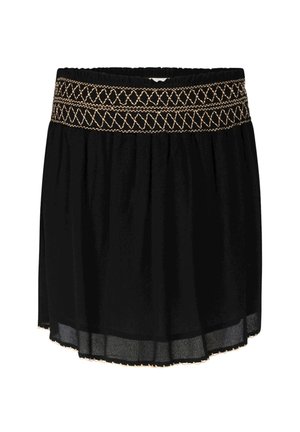 Black skirt featuring a gathered design with a smocked waistband adorned with gold embroidered accents. Semi-sheer fabric adds texture.