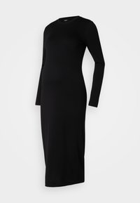 Vestido preto de manga longa feito de um tecido elástico, com decote redondo e corte reto que chega até a meia perna.