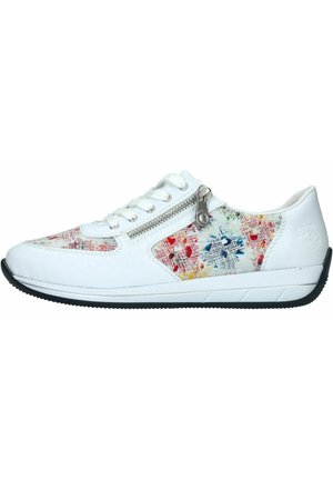 Weiße Sneaker mit buntem Blumemuster auf den Seitenpaneelen. Verfügt über einen Reißverschluss, eine strukturierte Sohle und ein glattes Leder-Material.