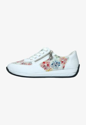 Weiße Sneaker mit buntem Blumemuster auf den Seitenpaneelen. Verfügt über einen Reißverschluss, eine strukturierte Sohle und ein glattes Leder-Material.