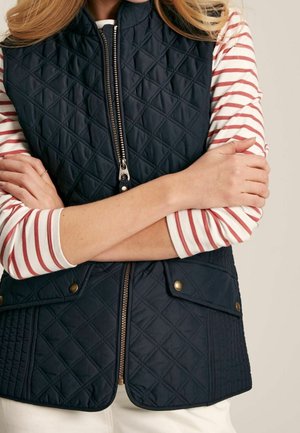 Personne portant un gilet matelassé bleu marine par-dessus une chemise à manches longues blanche et rouge rayée, bras croisés, avec un pantalon blanc visible en bas.