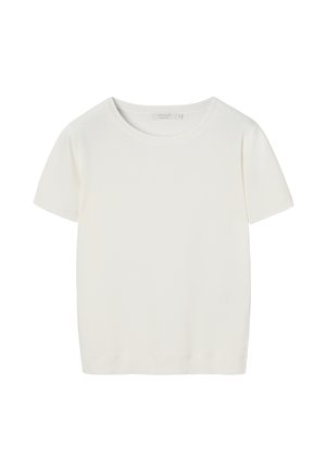 Biele tričko s krátkym rukávom vyrobené z mäkkej látky. Má okrúhly výstrih a lemované hrany s pružným úpletom. Hladká textúra, ležérny strih.