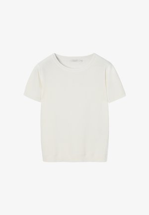 T-shirt blanc à manches courtes fabriqué en tissu doux. Présente un col rond et des bords en maille côtelée. Texture lisse, coupe décontractée.