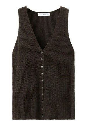 Gilet en tricot marron foncé sans manches avec encolure en V et une rangée de boutons ronds sur le devant.