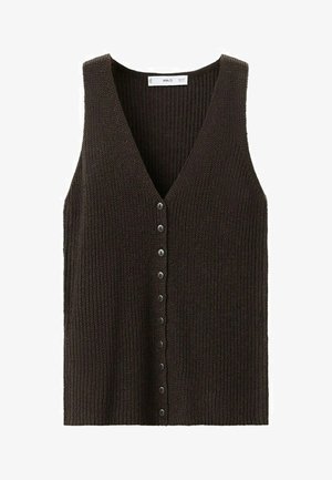 Dark brown knitted sleeveless vest with V-neck and row of round buttons down the center front.