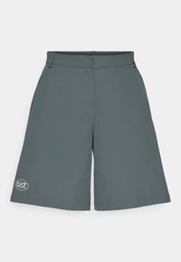 Pilkos sportinės šortai su tiesiu pjūviu, pagaminti iš lengvos medžiagos, su logotipu apačioje ir siuvinėtomis detalėmis.