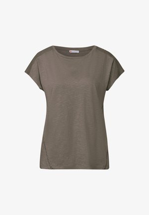 Oliwkowa koszulka z krótkim rękawem, wykonana z miękkiego materiału, z okrągłym dekoltem i przeszyciami po bokach u dołu.