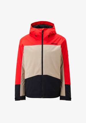 Rot, beige und schwarz farblich abgesetzte Jacke mit Kapuze, Reißverschluss und verstellbaren Bündchen. Hergestellt aus einem glatten, wahrscheinlich wasserabweisenden Material.