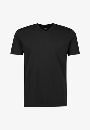 Sort kortærmet t-shirt med v-halsdesign, lavet af blødt bomuldsstof, med rene linjer og en tætsiddende silhuet.