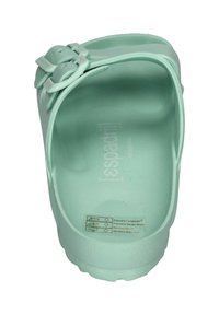Mint green sandal with a smooth matte finish, two strap design featuring buckles, and a textured sole for grip. Brand logo is visible.