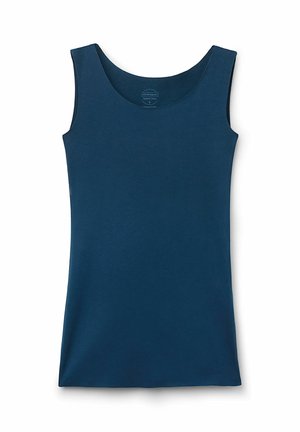 Marinblå ärmlös topp tillverkad av ett slätt, elastiskt material med rund halsringning och en enkel design.