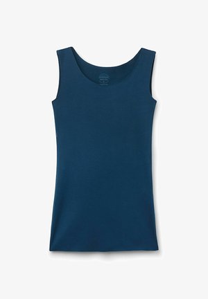 Námořnická modrá bezrukávová halenka vyrobená z hladkého, elastického materiálu s kulatým výstřihem a bez zdobení.