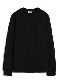 Sweat-shirt noir à manches longues avec col rond, poignets et ourlet côtelés, avec un petit logo discret sur la poitrine gauche.