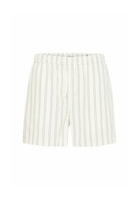Lyse beige shorts med vertikale marineblå striper. Har elastisk midje og snor. Laget av et mykt, pustende stoff.