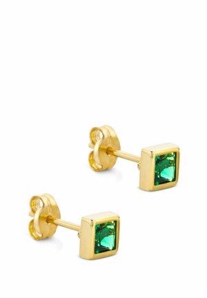 Gold square stud earrings featuring green rectangular gemstones, smooth texture, with a secure backing.
