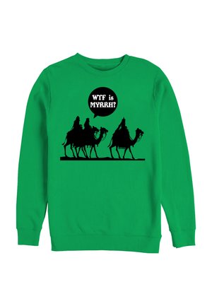 Sweat-shirt vert avec silhouettes noires de trois sages sur des chameaux et une bulle indiquant «WTF, c'est quoi la MYRRHE ?»