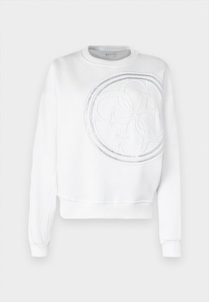 Felpa bianca con collo a giro, caratterizzata da un grande logo in rilievo e sottili dettagli perforati sulla parte anteriore. Texture morbida, vestibilità casual.