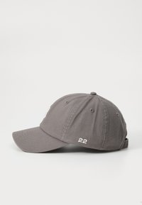 Grey cotton cap with curved brim, embroidered logo, and number "22" on the side. Adjustable strap at the back. Smooth texture.