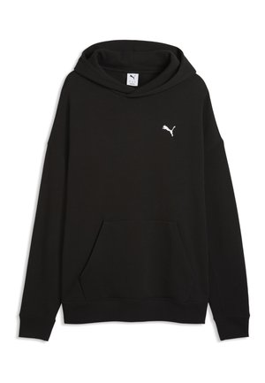 Sweat à capuche noir Puma avec poche kangourou frontale et petit logo Puma blanc sur la poitrine gauche, présenté sur fond blanc.
