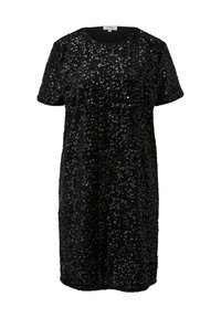 Czarna sukienka o krótkich rękawach sięgająca do kolan, pokryta małymi błyszczącymi cekinami, z okrągłym dekoltem.