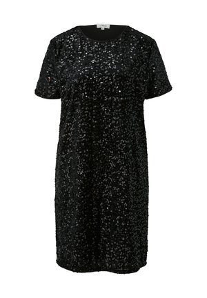 Schwarzes, knielanges Kleid mit kurzen Ärmeln, bedeckt mit kleinen glänzenden Pailletten und einem Rundhalsausschnitt.