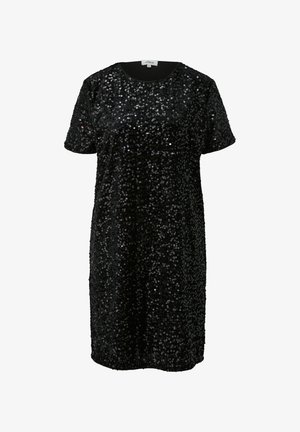 Zwarte jurk met korte mouwen tot op de knie, bedekt met kleine glanzende pailletten en voorzien van een ronde halslijn.
