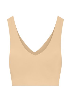 Top a maniche corte beige con scollo a V profondo e spalline larghe, mostrato su uno sfondo bianco.