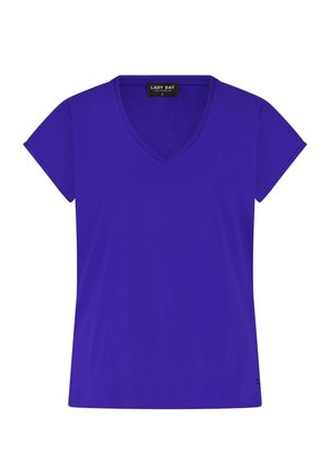 Paarse V-hals T-shirt met korte mouwen, gemaakt van gladde stof. Heeft een rechte zoom en minimale stikdetails. Label zichtbaar aan de hals.
