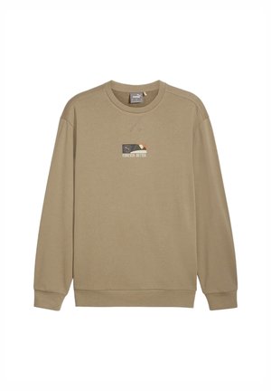 Lysebrun sweatshirt med lange ærmer og rund halsudskæring, med et lille rektangulært logo med tekst "FOREVER. BETTER." og abstrakt design på brystets midte.