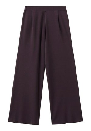 Temno rjave široke hlače z visokim pasom in diskretnimi naborki na sprednji strani, prikazane položene na belo ozadje.