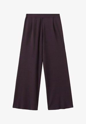 Temno rjave široke hlače z visokim pasom in diskretnimi naborki na sprednji strani, prikazane položene na belo ozadje.