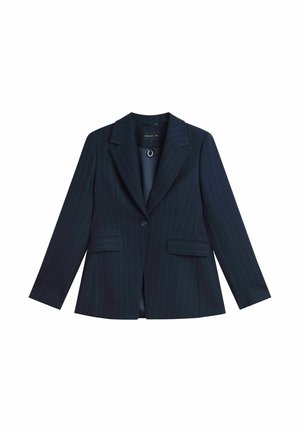 Donker marineblauwe blazer met krijtstreep, voorzien van inkeping revers, enkele knoopsluiting en twee voorflapzakken, plat gelegd op een witte achtergrond.