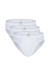 Witte katoenen slips in een verpakking van drie. Kenmerken zijn een soepele textuur, elastische tailleband met branding en een klassiek ontwerp.
